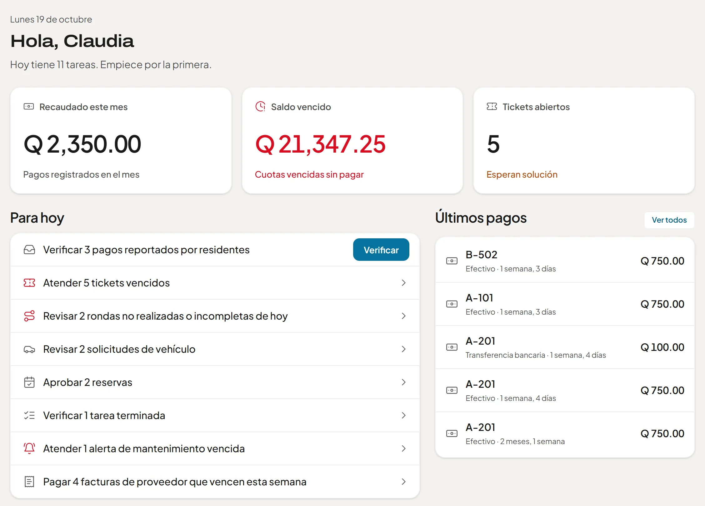 Inicio del panel de APTO: recaudado del mes, saldo vencido, tickets abiertos y la lista «Para hoy» con un botón para resolver cada pendiente.