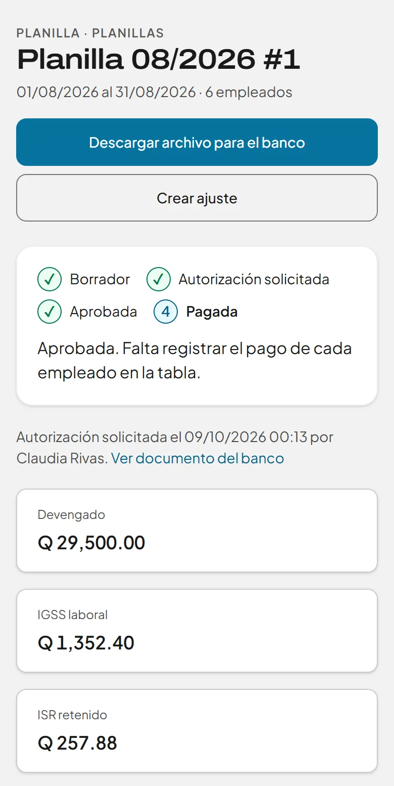 Planilla de agosto en el panel de APTO: devengado Q 29,500.00, IGSS laboral Q 1,352.40, ISR retenido Q 257.88 y líquido a pagar Q 27,889.72, con el detalle por empleado.