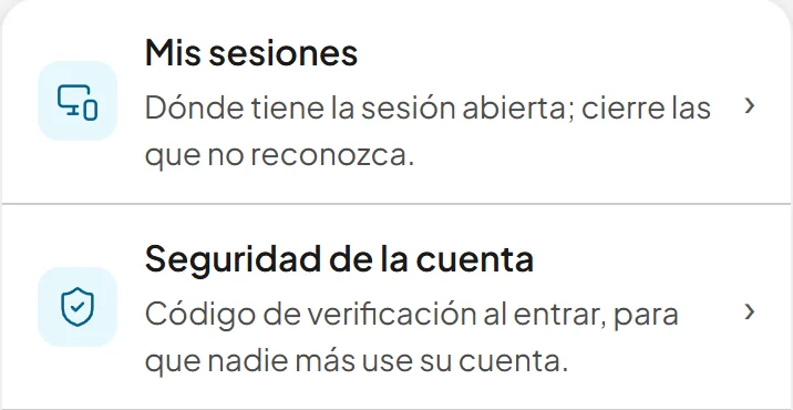 Cuenta en el panel: «Mis sesiones», dónde está abierta la sesión, y «Seguridad de la cuenta», con código de verificación al entrar.