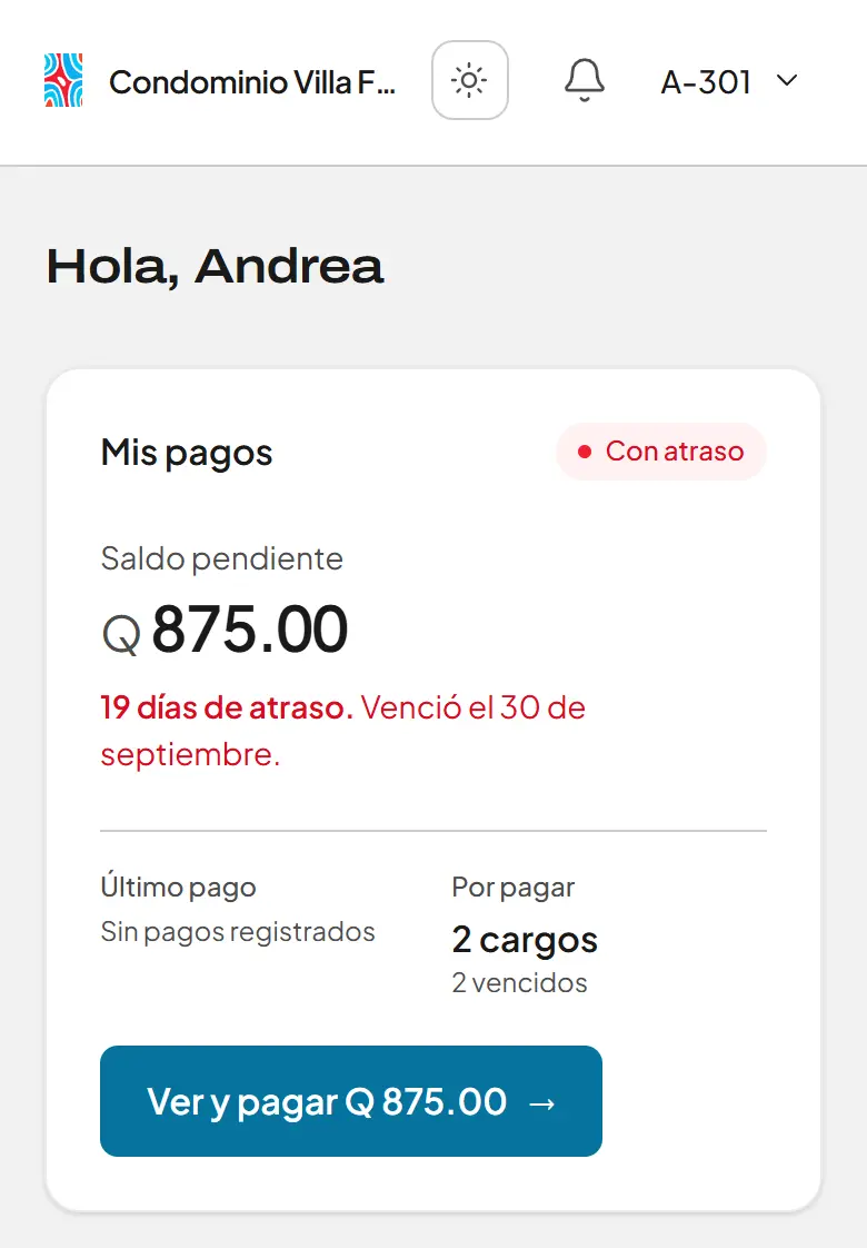 Portal del vecino en el teléfono: saldo pendiente de Q 875.00, días de atraso y el botón «Ver y pagar».